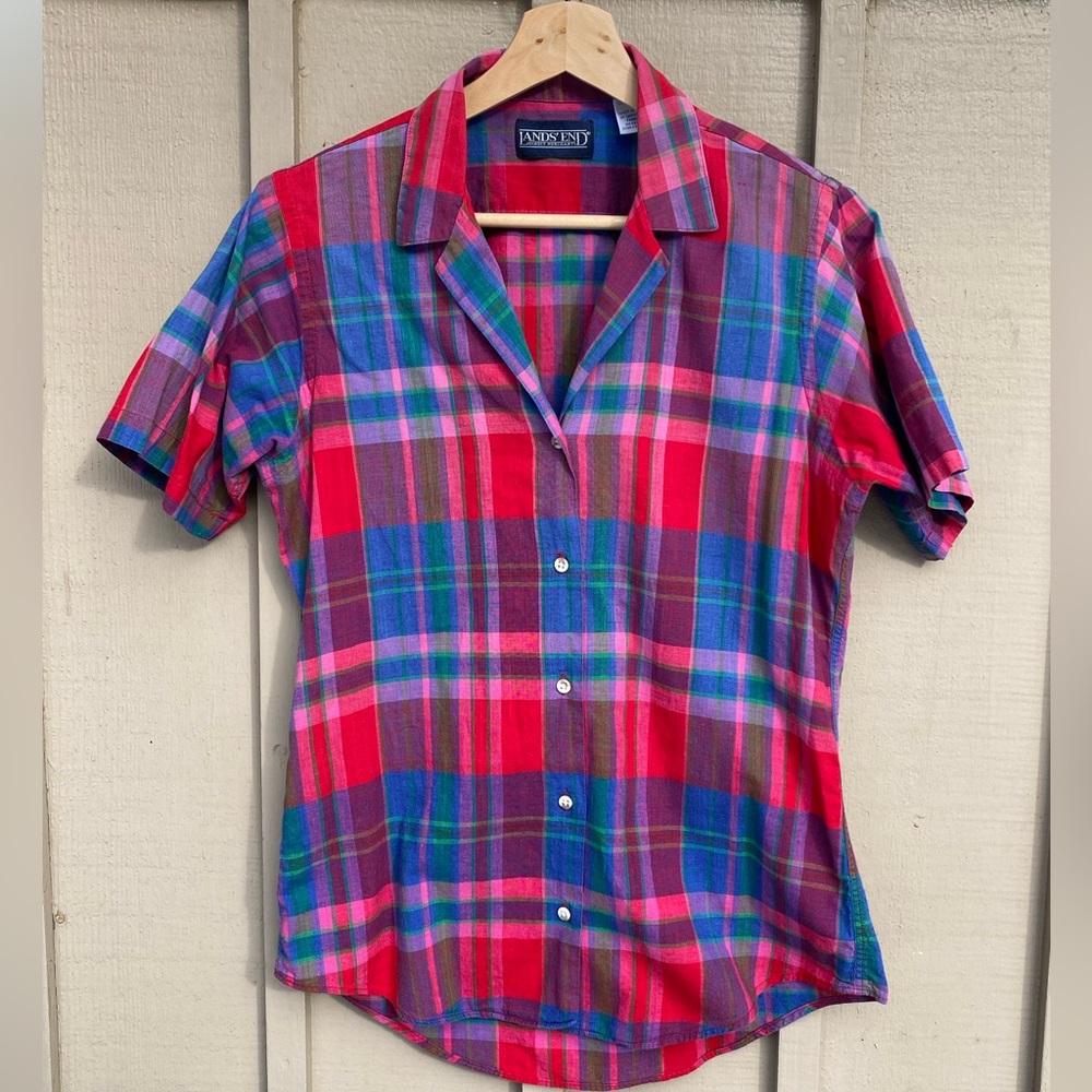 Lands End Vintage Short Sleeve Plaid Button Down Shirt